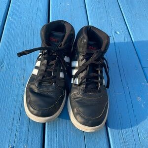 Black and white adidas high top shoes for kids size 5 1/2 freshly cleaned/fresh